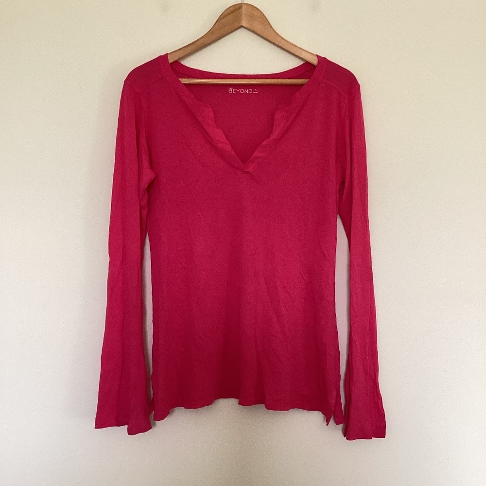 Beyond Yoga 100% Organic Cotton Pink Long Sleeve Henley Sz L Made In USA